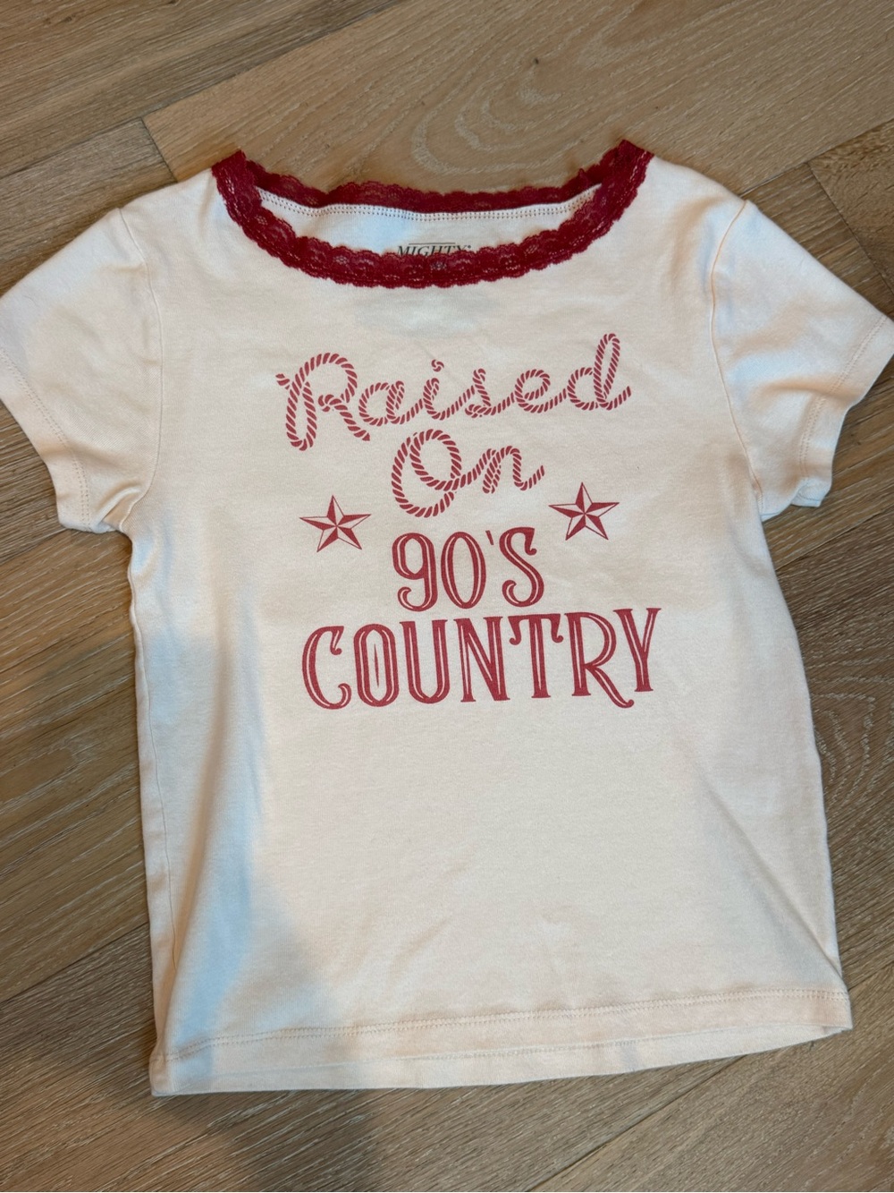 Mighty Fine White Tee with Red Graphic and Red Lace Trim